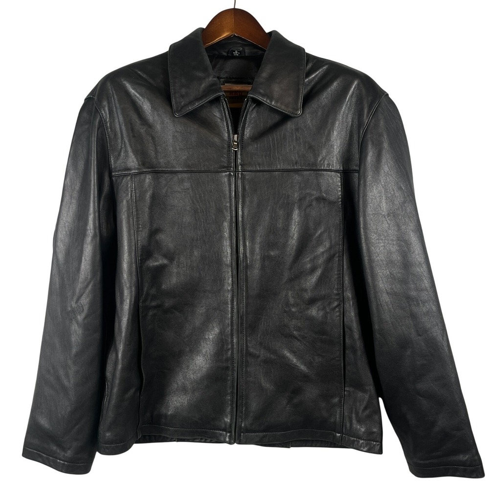 R&O Brand Mens L 100% Leather Jacket Black Full Zip Lined Soft Casual Y2K Coat